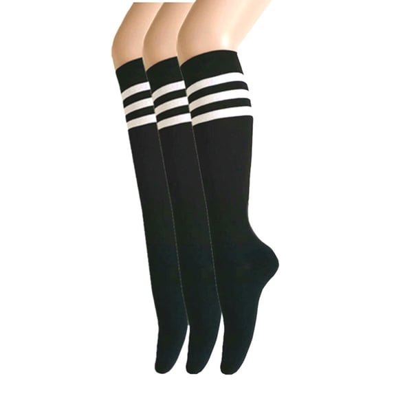 Women and Girls Roller Skate Retro Triple Stripes Tube Knee High Socks In Black with White Color 3 Pairs Package