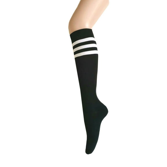 Women and Girls Roller Skate Retro Triple Stripes Tube Knee High Socks In Black with White Color