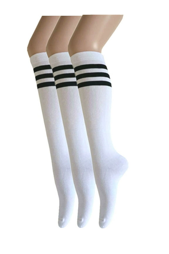 Women and Girls Roller Skate Retro Triple Stripes Tube Knee High Socks In White with Black 3 Pairs Package