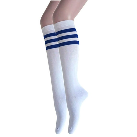 Women and Girls Roller Skate Retro Triple Stripes Tube Knee High Socks In White with Blue Color 2 Pairs package