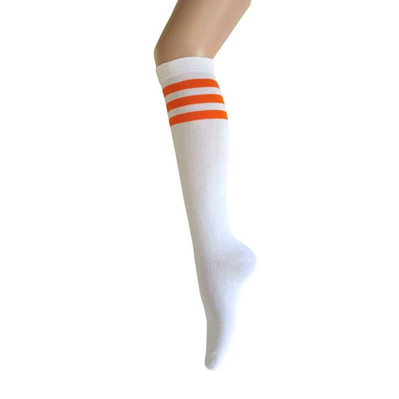 Women and Girls Roller Skate Retro Triple Stripes Tube Knee High Socks In White with Orange Color