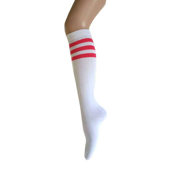 Women and Girls Roller Skate Retro Triple Stripes Tube Knee High Socks In White with Pink