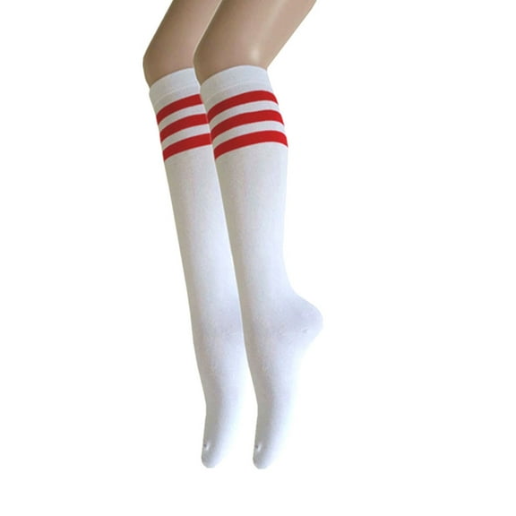 Women and Girls Roller Skate Retro Triple Stripes Tube Knee High Socks In White with Red Color 2 Pairs Package