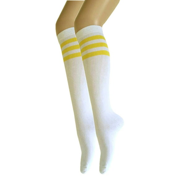 Women and Girls Roller Skate Retro Triple Stripes Tube Knee High Socks In White with Yellow Color 2 Pairs Package