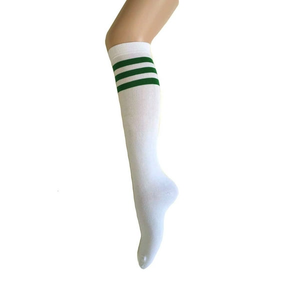 Women and Girls Roller Skate Retro Triple Stripes Tube Knee High Socks in White with Green Color