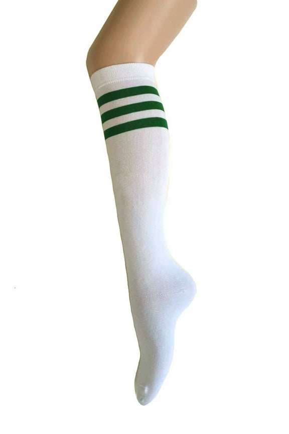Women and Girls Roller Skate Retro Triple Stripes Tube Knee High Socks in White with Green Color