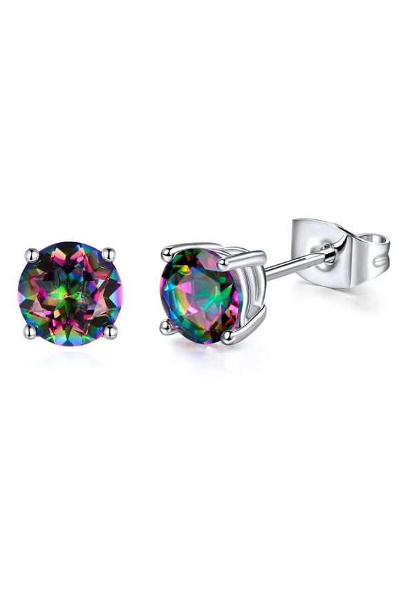 Women and Men 18K White Gold Plated Created Rainbow Quartz CZ Round/Square Stud Earrings Hypoallergenic for Sensitive Ears Jewelry Gifts