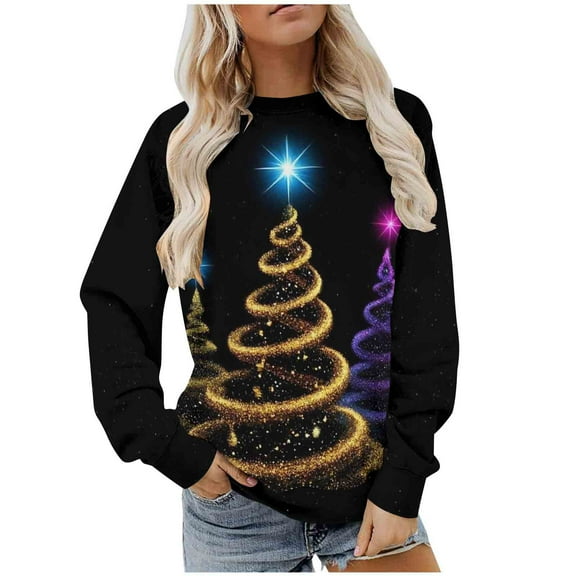 Women and Men Christmas Tops Christmas Tree Sweaters Printed Knit Shirts Fleece Thicken Sweatshirt Merry Christmas Pullover Christmas Couple Outfits