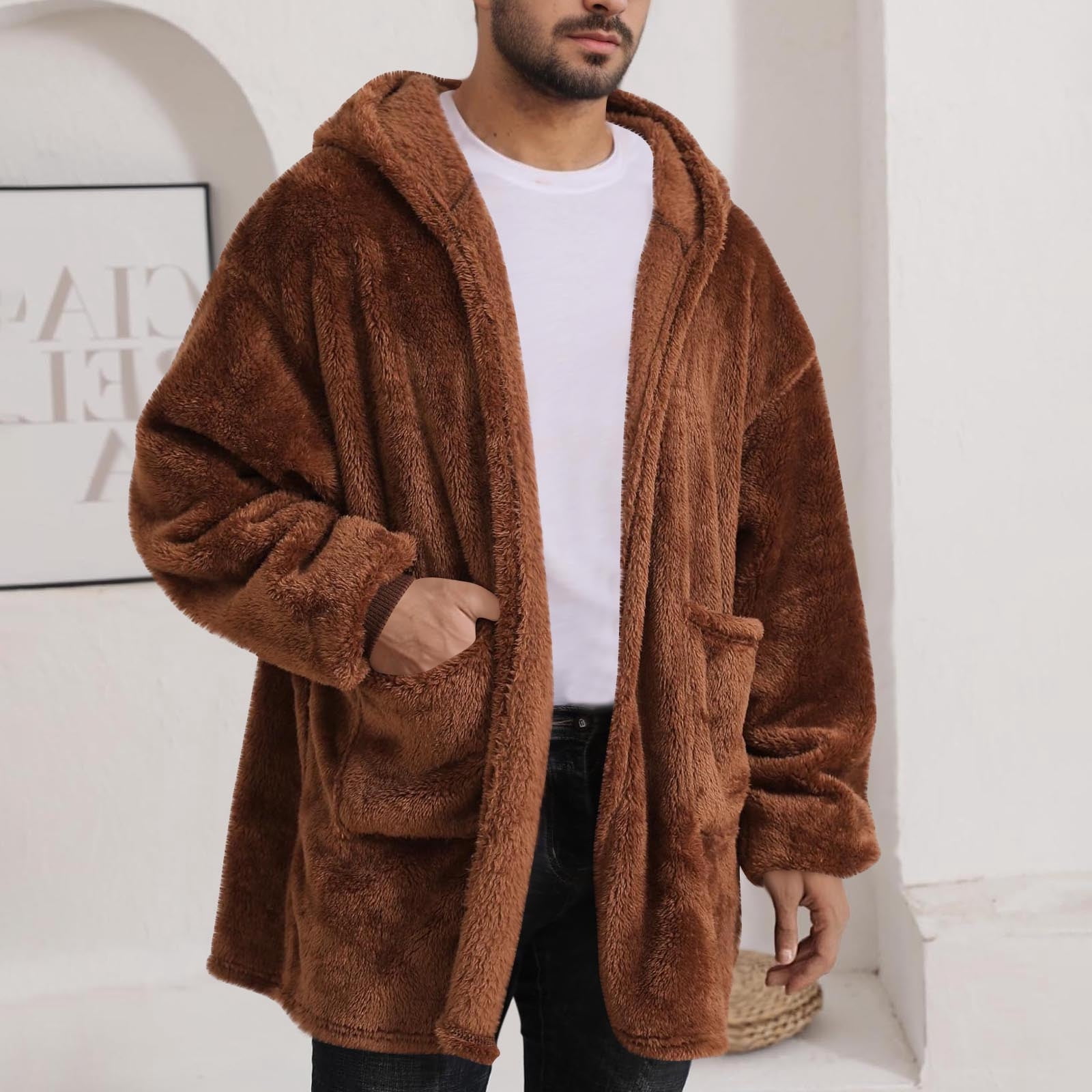 Women and Men Hooded Fuzzy Cardigan, Unisex Oversized Loungewear Fuzzy Fleece Blanket Hoodie Outwear Jacket with Pockets Brown L