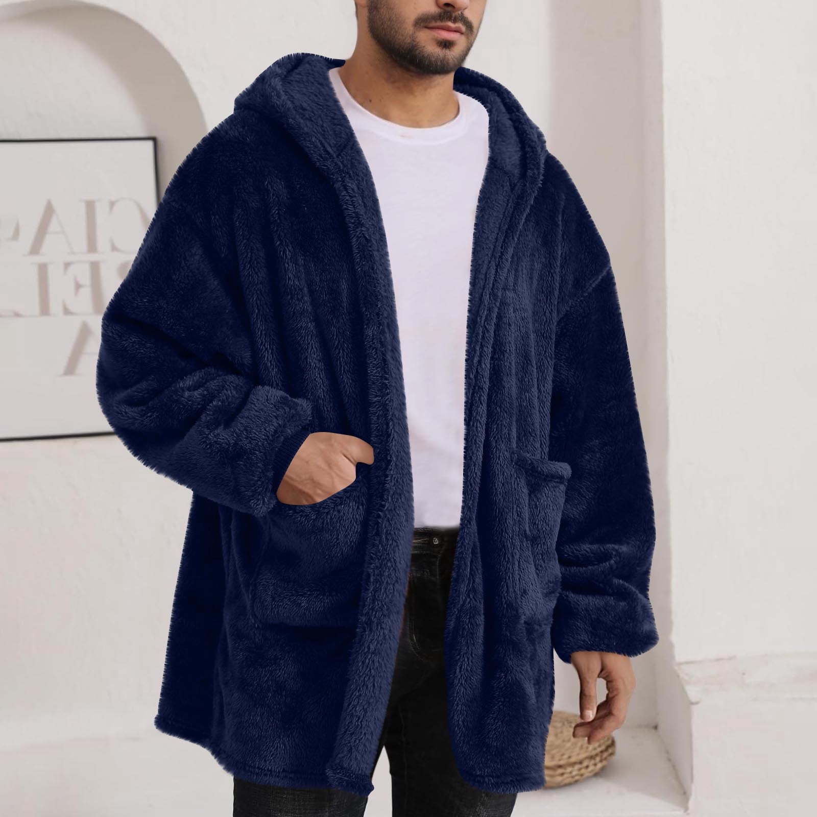 Women and Men Hooded Fuzzy Cardigan, Unisex Oversized Loungewear Fuzzy Fleece Blanket Hoodie Outwear Jacket with Pockets Dark Blue XXL