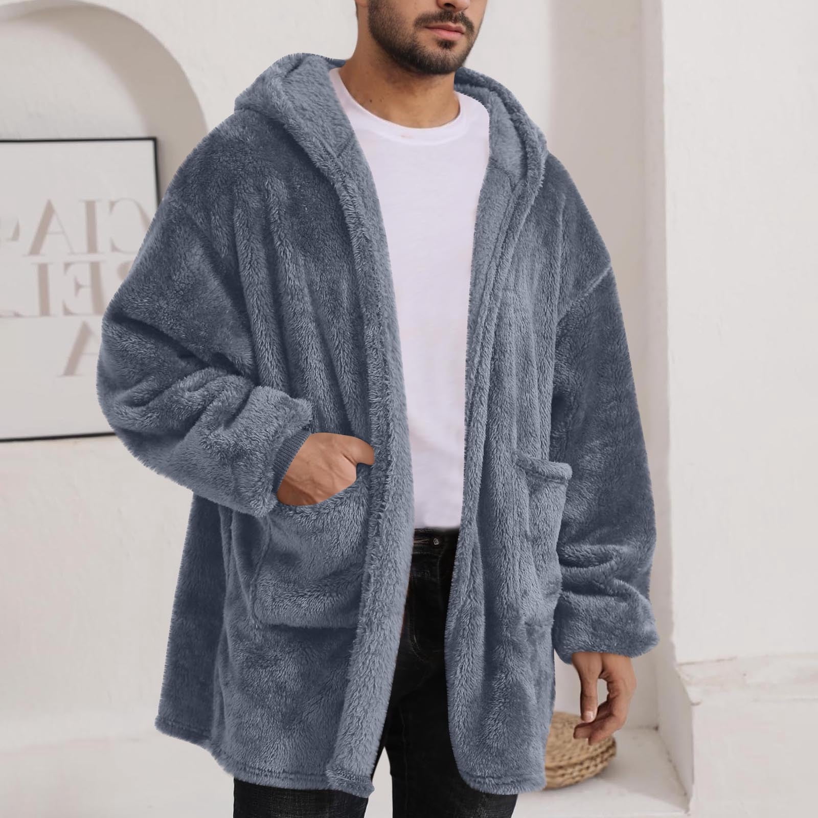 Women and Men Hooded Fuzzy Cardigan, Unisex Oversized Loungewear Fuzzy Fleece Blanket Hoodie Outwear Jacket with Pockets Gray L