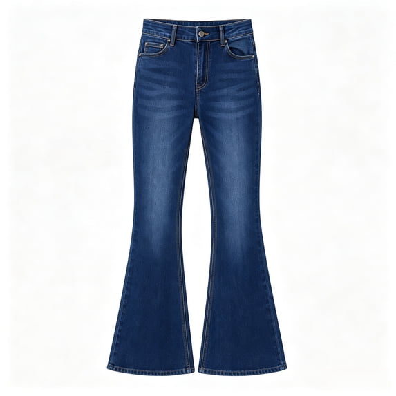 Women and Teen High Waist Solid Blue Flare Jeans, Washed Retro Bell Bottom Denim Pants, High Stretch, Slim Fit, XS‑XXL for Casual Wear