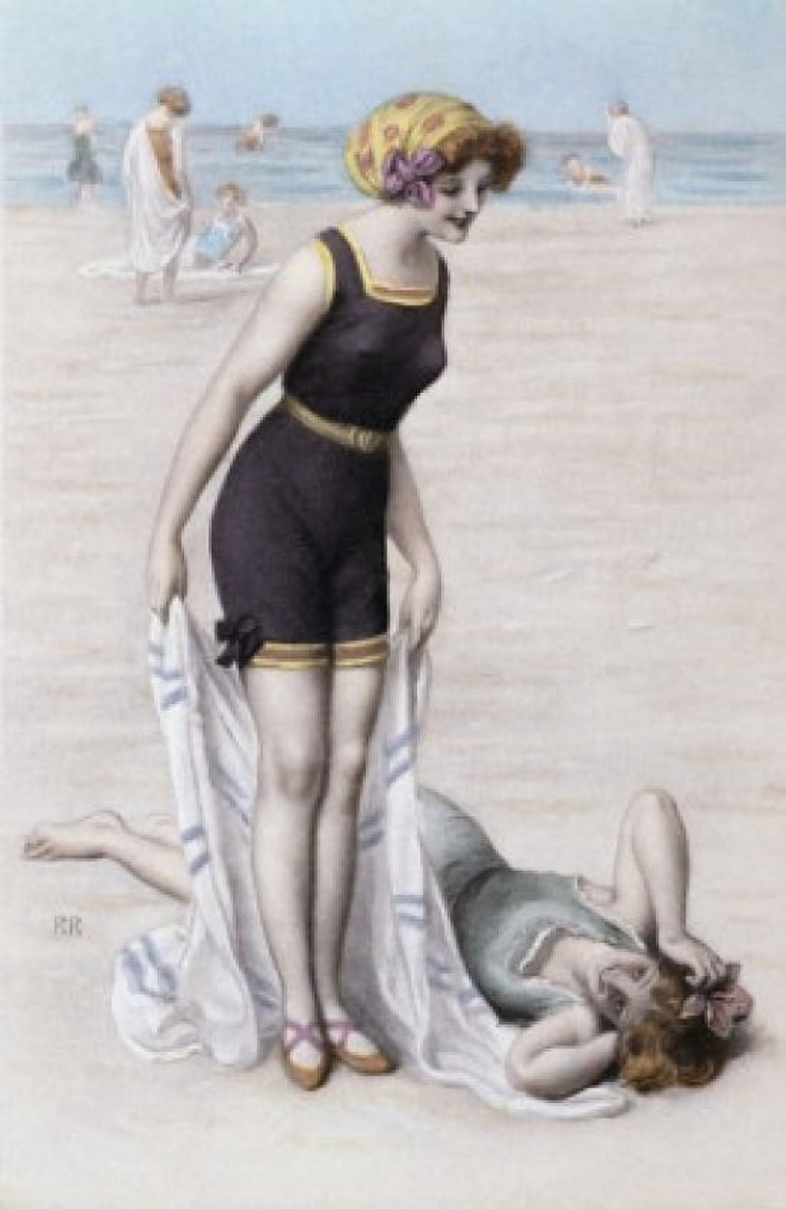 Women at the Beach Nostalgia Cards Canvas Art - (24 x 36)