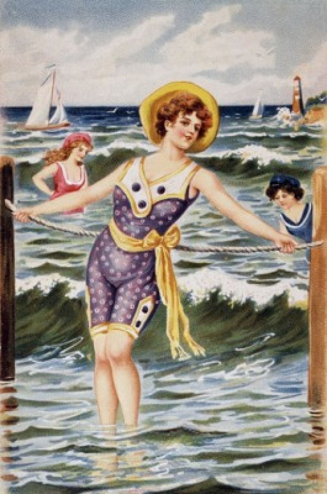 Women at the Beach Nostalgia Cards Canvas Art - (24 x 36)