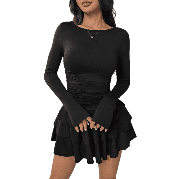 Women autumn and winter solid color slim simple temperament long-sleeved pleated ruffle dress, size XS-XL