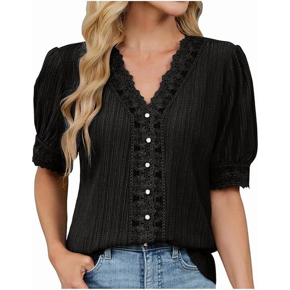 Women blouses dressy casual Lace V Neck Button T Shirts Dressy Casual Blouses Cute Summer Top Trendy 2026 Loose Fit Tee Blouse Tops
