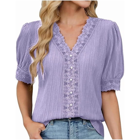 Women blouses dressy casual Lace V Neck Button T Shirts Dressy Casual Blouses Cute Summer Top Trendy 2026 Loose Fit Tee Blouse Tops