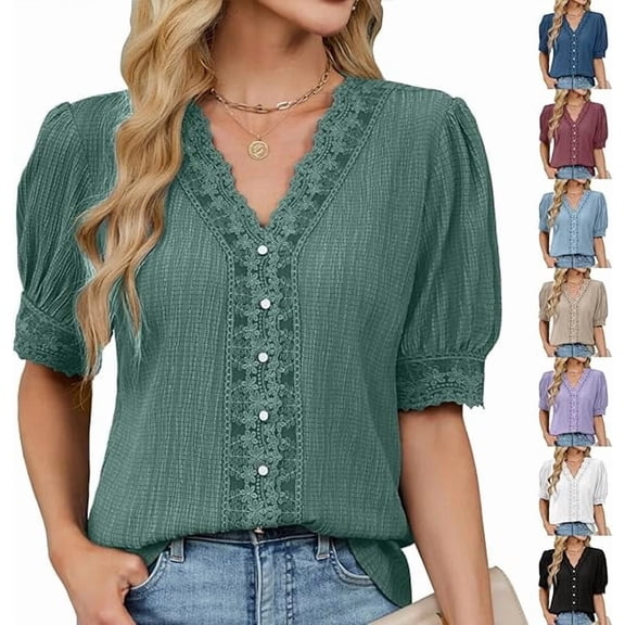 Women blouses dressy casual Lace V Neck Button T Shirts Dressy Casual Blouses Cute Summer Top Trendy 2026 Loose Fit Tee Blouse Tops