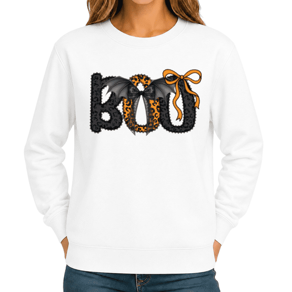 Women boo Leopard Halloween Graphic Sweatshirt Crewneck Pullover Bow Print Top