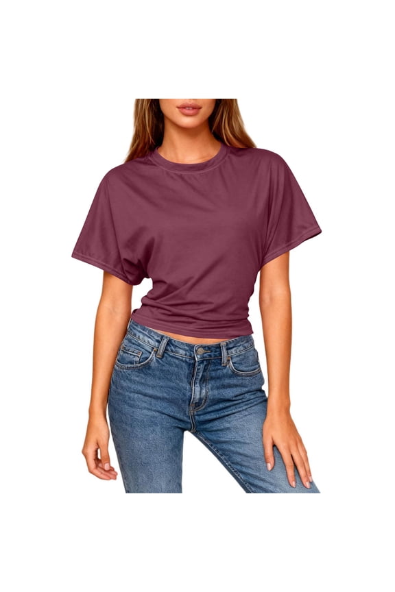 Women causal Tops Sawvnm Women Fashion Casual Solid Color Short-sleeved Round Neck Backless Hollow Front And Back Wearable T-shirt Short-sleeved Round Neck Shirt Gifts for Women Wine M
