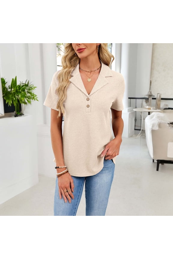 Women causal Tops Sawvnm Women's Solid Color Short Sleeve Blouses Button-Up Turndown Collar Pullover Casual Fashionable Top Gifts for Women Beige M