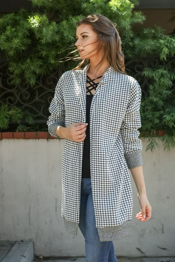 Women checker pattern Sweater knit open front cardigan