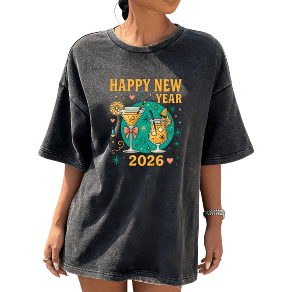 Women e Washed 2026 Happy New Year Cocktail Theme Graphic Casual Tee T Shirt Tops Short Sleeve Round Neck Black S-2XL Plus Size