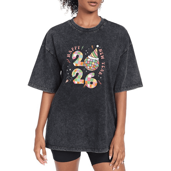 Women eeve Washed Colorful Celebrate 2026 Happy New Year Theme Graphic Tee T Shirt Tops Short Sleeve Round Neck Black S-2XL Plus Size