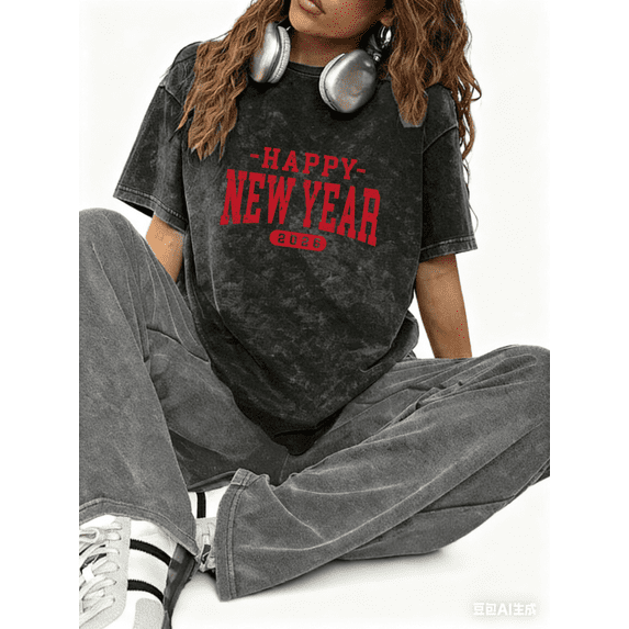Women eeve Washed Vintage Red Letter 2026 Happy New Year Theme Graphic Tee T Shirt Tops Short Sleeve Round Neck Black S-2XL Plus Size