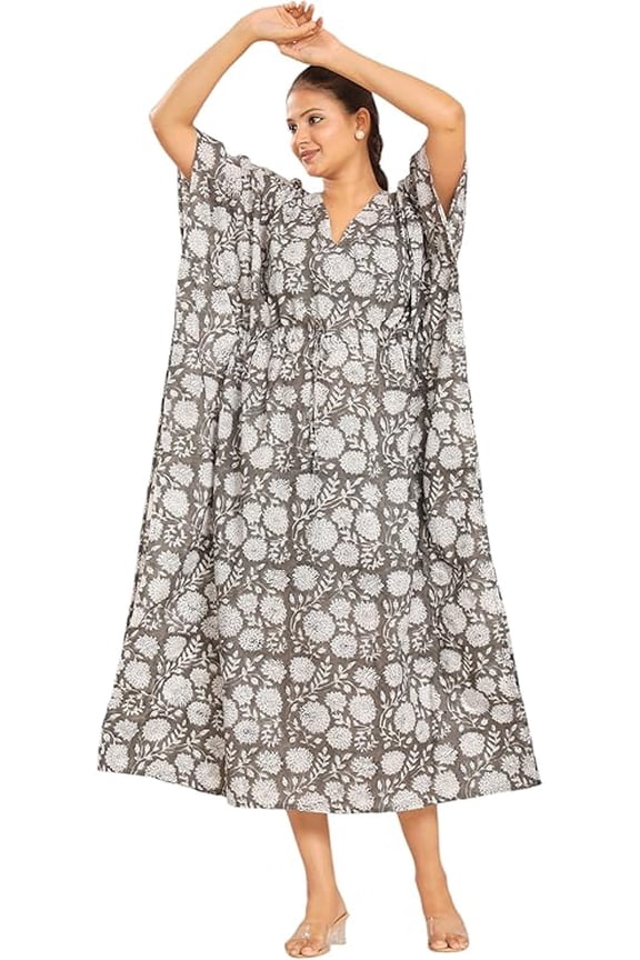 Women for Cotton Kaftan Maxi Dress Relaxed Fit, Ethnic Print, Full-Length Lounge Gown