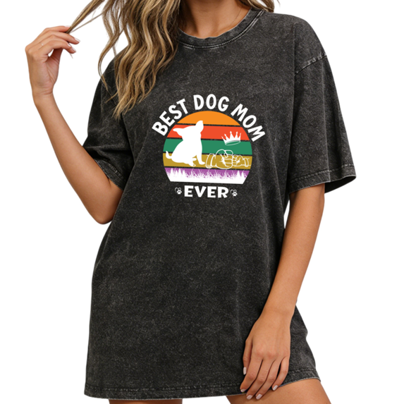 Women fun Best Dog Mom Ever Retro Rainbow Dog Silhouette Graphic Tees T-Shirt Tops Round Neck Washed Cotton T-Shirt Black S-2XL Plus Size