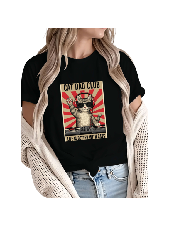 Women fun Cat Dad Club DJ Cat Retro Poster Graphic Tees T-Shirt Tops Round Neck Printed Cotton T-Shirt Black S-5XL