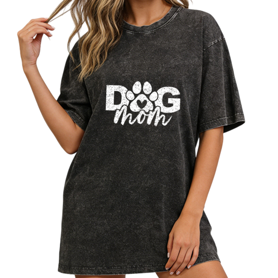 Women fun Dog Mom Heart Paw Print Distressed Graphic Tees T-Shirt Tops Round Neck Washed Cotton T-Shirt Black S-2XL Plus Size
