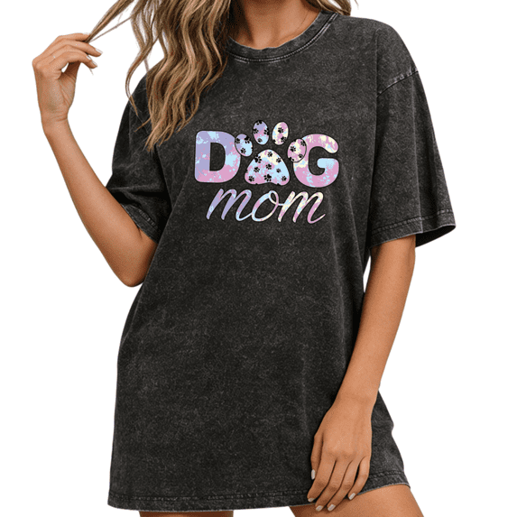 Women fun Dog Mom Pastel Tie Dye Paw Print Graphic Tees T-Shirt Tops Round Neck Washed Cotton T-Shirt Black S-2XL Plus Size