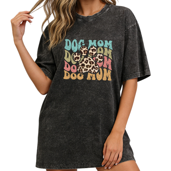 Women fun Dog Mom Retro Stacked Leopard Paw Print Graphic Tees T-Shirt Tops Round Neck Washed Cotton T-Shirt Black S-2XL Plus Size