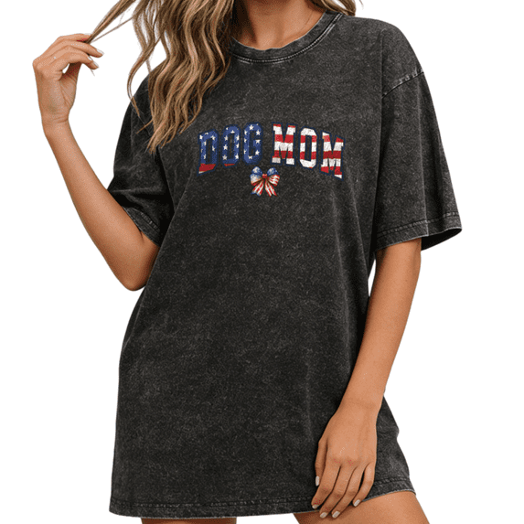 Women fun Dog Mom USA Flag Bow Varsity Graphic Tees T-Shirt Tops Round Neck Washed Cotton T-Shirt Black S-2XL Plus Size