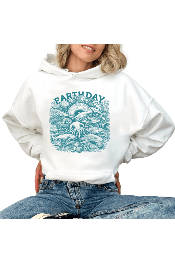 Women fun Earth Day Ocean Wildlife Graphic Hooded Long Sleeved Tops Crew Neck Printed Cotton Hoodie White S-2XL