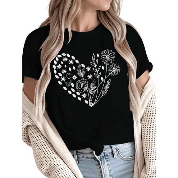 Women fun Floral Heart Line Art Graphic Tees T Shirt Tops Round neck Printed Cotton T Shirt Black S-5XL