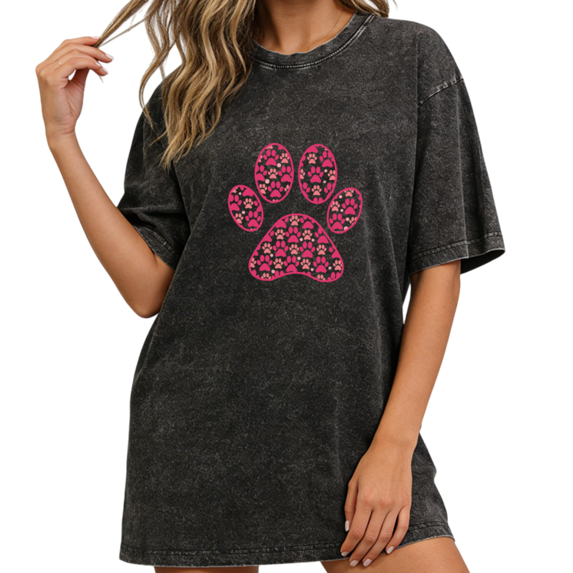 Women fun Pink Paw Print Mosaic Graphic Tees T-Shirt Tops Round Neck Washed Cotton T-Shirt Black S-2XL Plus Size