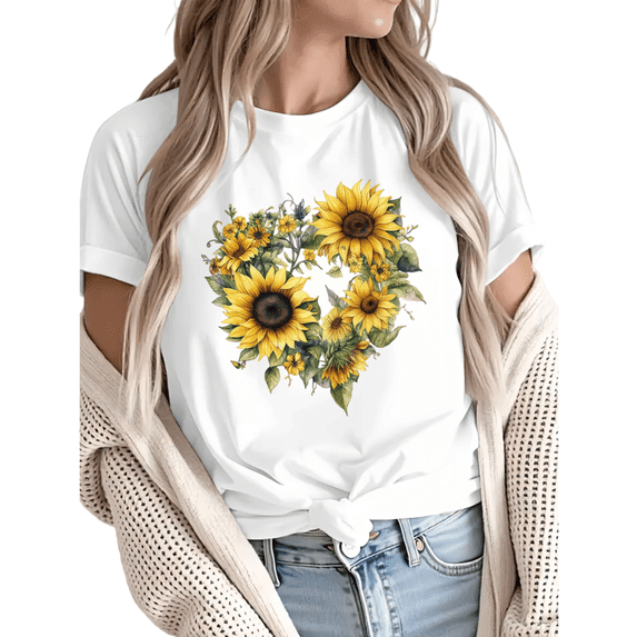 Women fun Watercolor Sunflower Heart Bouquet Graphic Tees T Shirt Tops Round neck Printed Cotton T Shirt White S-5XL