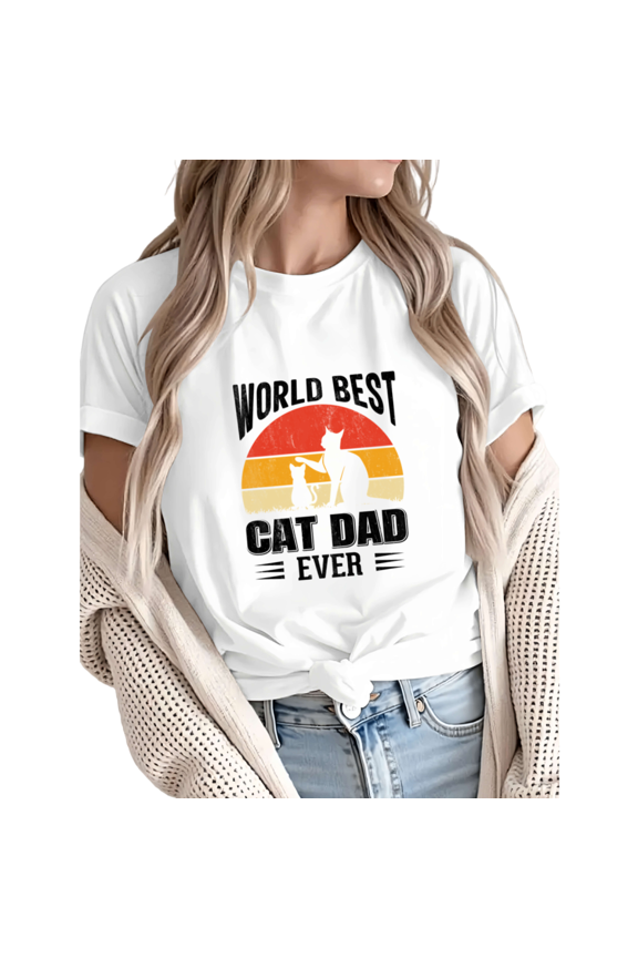 Women fun World's Best Cat Dad Ever Retro Sunset Cat Family Graphic Tees T-Shirt Tops Round Neck Printed Cotton T-Shirt White S-5XL