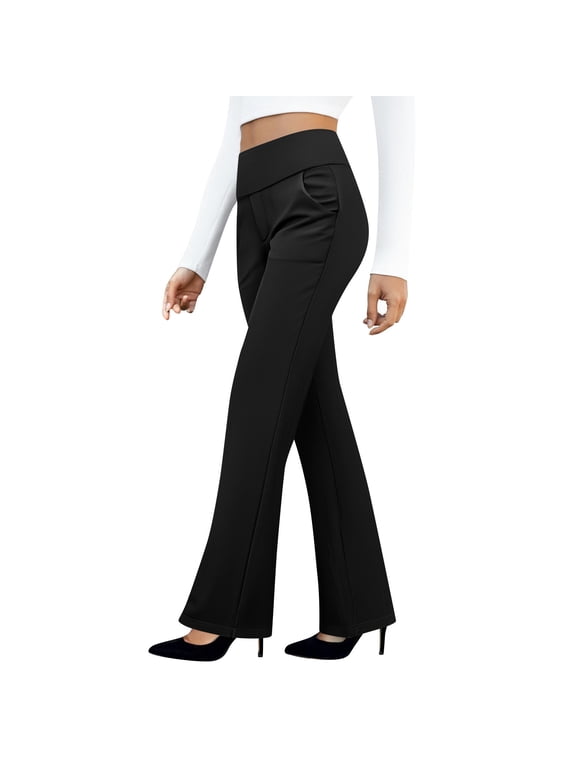 Women high waist crossover flare pants with tummy control wide leg stretchy pull on dress work trousers Black L
