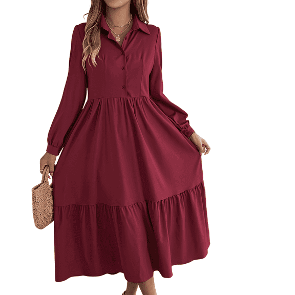 Women lapel casual loose spring, autumn long-sleeved ruffled shirt dress, size S-XL