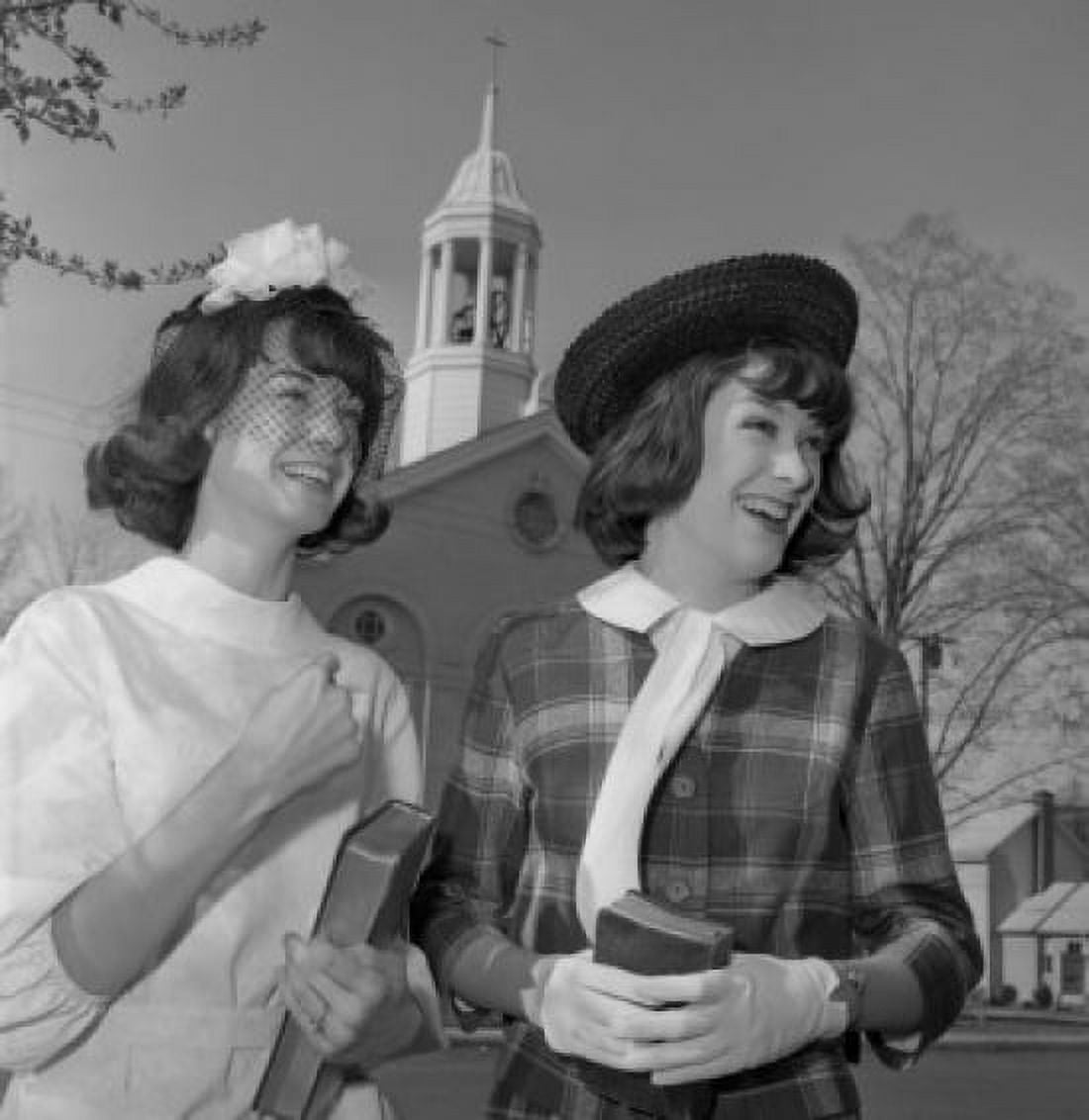 Women laughing in front of church Canvas Art - (18 x 24)