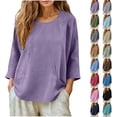 thumbnail image 1 of Women linen shirts 3/4 Oversized Loose Fit Summer Tops Plus Size Crew Neck Blouse Casual Cotton Linen Beach Boho T Shirts, 1 of 6