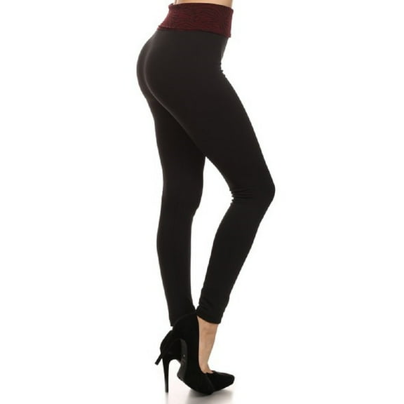 Women "Zebra" High Waist Fold over Fleece Leggings, Wine Red