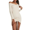 thumbnail image 1 of Women off Shoulder Mini Dress - Long Sleeve Ruched Front Drawstring Bodycon Dress Dresses for Women Plus Size Beige 3XL, 1 of 8