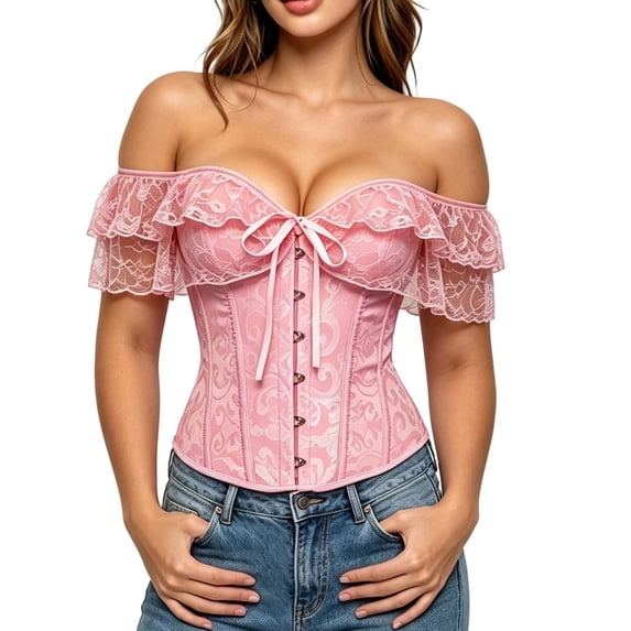 Women off Shoulder Ruffled Corset Top, Vintage Boned Slim Fit Crop Bustier for Daily, Party and Street Wear Pink XS(XS)