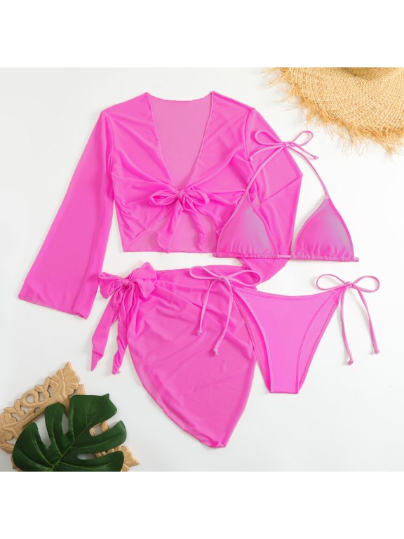 Women pink micro mini string bikini sets 4 pieces with mesh cover tops and skirt swimsuit bathing suit beach outfits biquini
