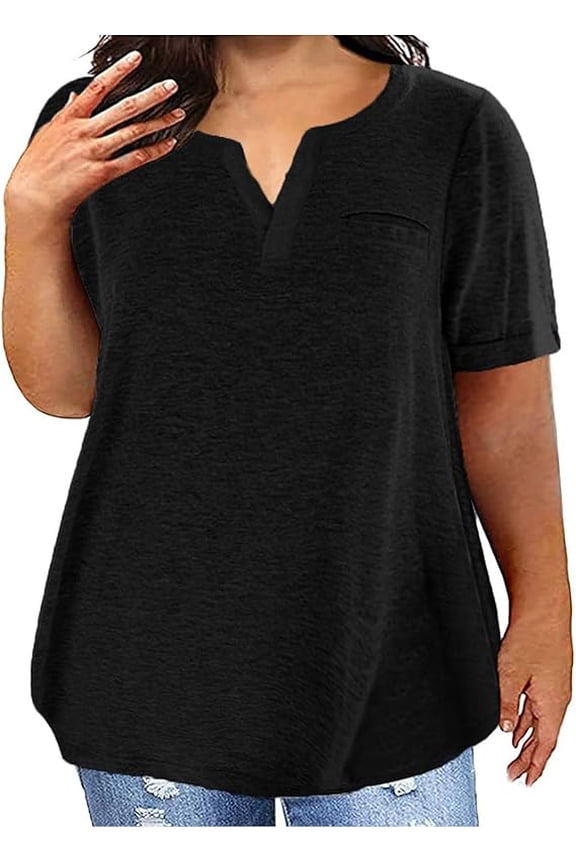 Women plus size Tops dressy Casual Summer Short Sleeve Plain Loose T Shirts V Neck Blouses Athletic Gym Top with Pockets Tunic Tee Ladies T-Shirts